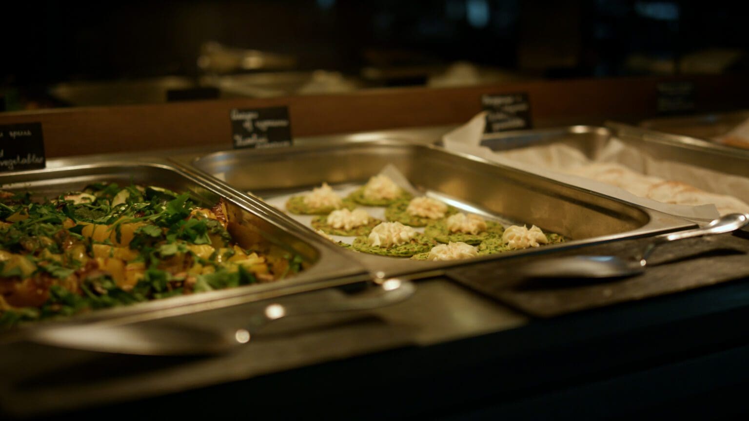 Catering buffet food setting in modern restaurant closeup. Tasty organic vegan dishes displaying in luxury hotel cafe. Delicious meal trays serving at corporate lunch party. Self-service concept.